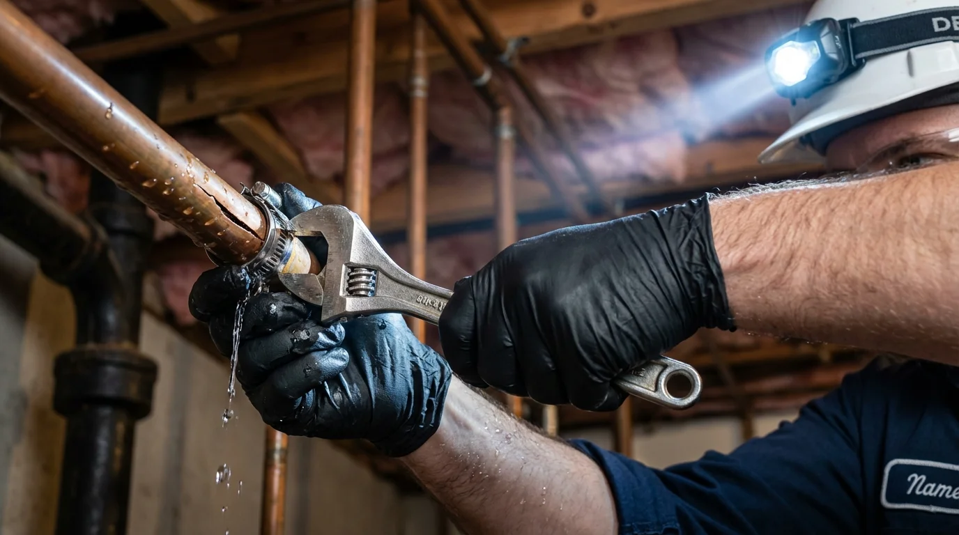 Emergency pipe clamp repair being performed by a Johns Plumbing LLC plumber in Hiawatha