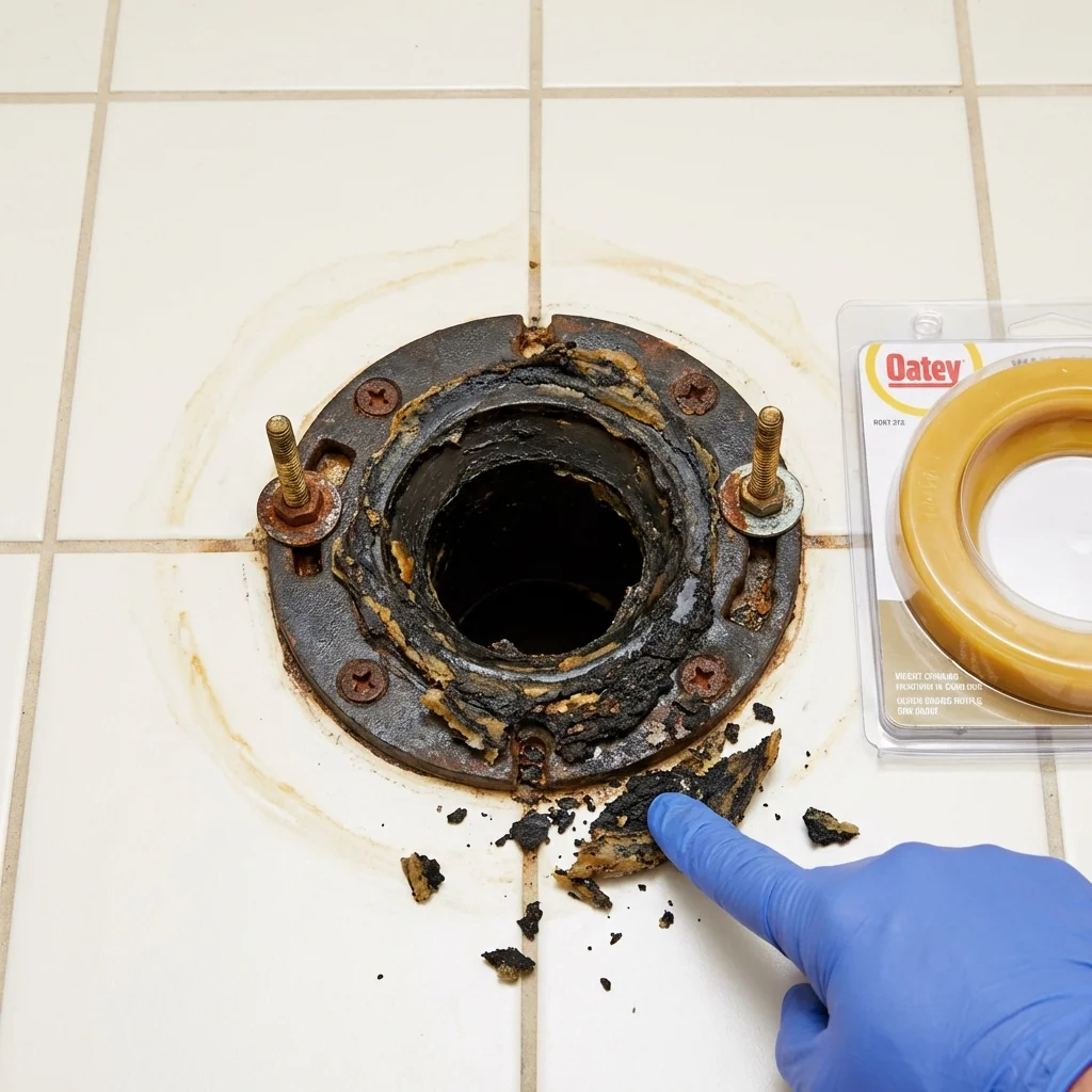 Failed wax ring showing water seepage at the base of a toilet in a Hiawatha, KS home