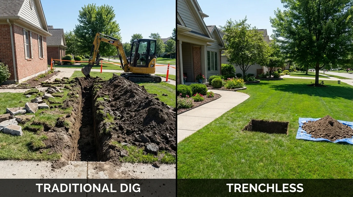 Trenchless sewer repair with minimal yard damage versus traditional excavation in Hiawatha, KS