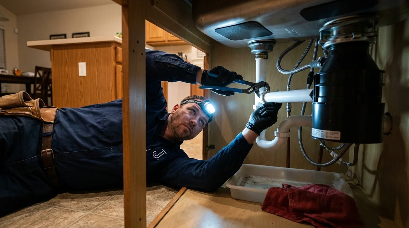P-trap and supply line connections under a kitchen sink showing a common leak point in Hiawatha, KS